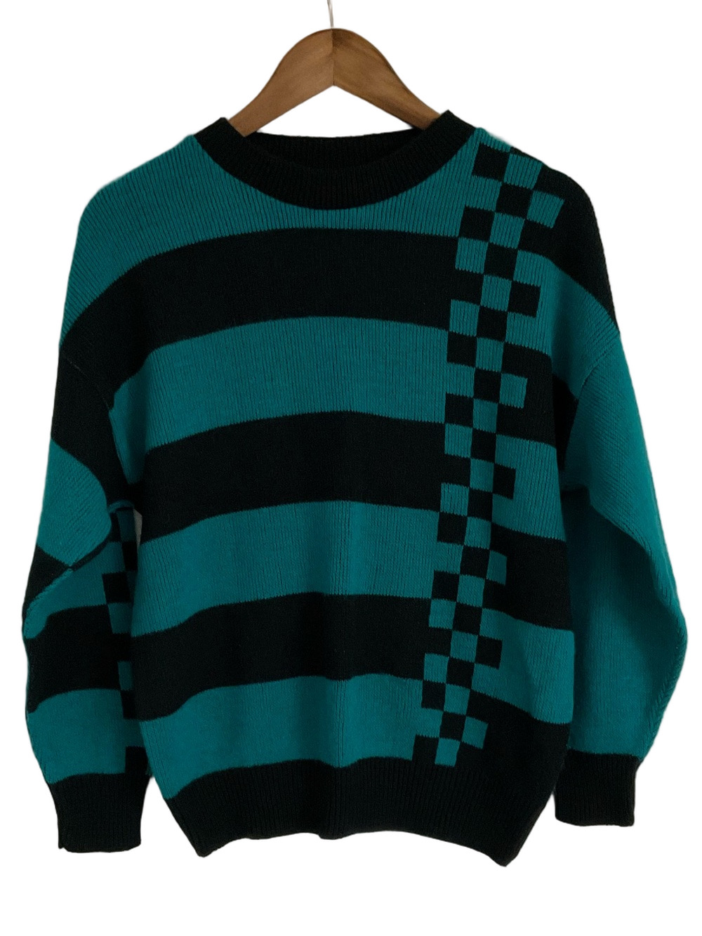 Vintage Women’s Pandora Black & Teal Striped and Check Knit Sweater Size Medium